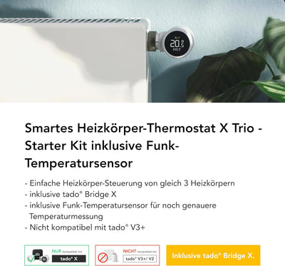 tado° Smartes Heizkörperthermostat X – Starter Kit mit Bridge X, Trio Pack & Funk-Temperatursensor,
