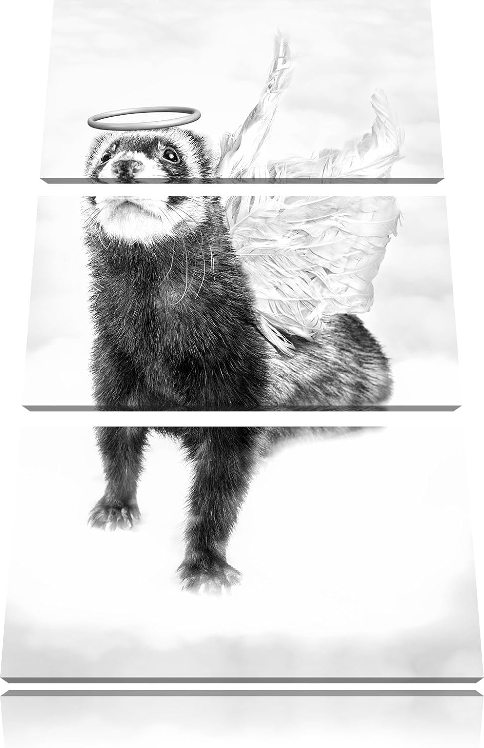 Pixxprint Süsses Frettchen im Engelsköstum Kunst B&W 3-Teiler Leinwandbild 120x80 Bild auf Leinwand