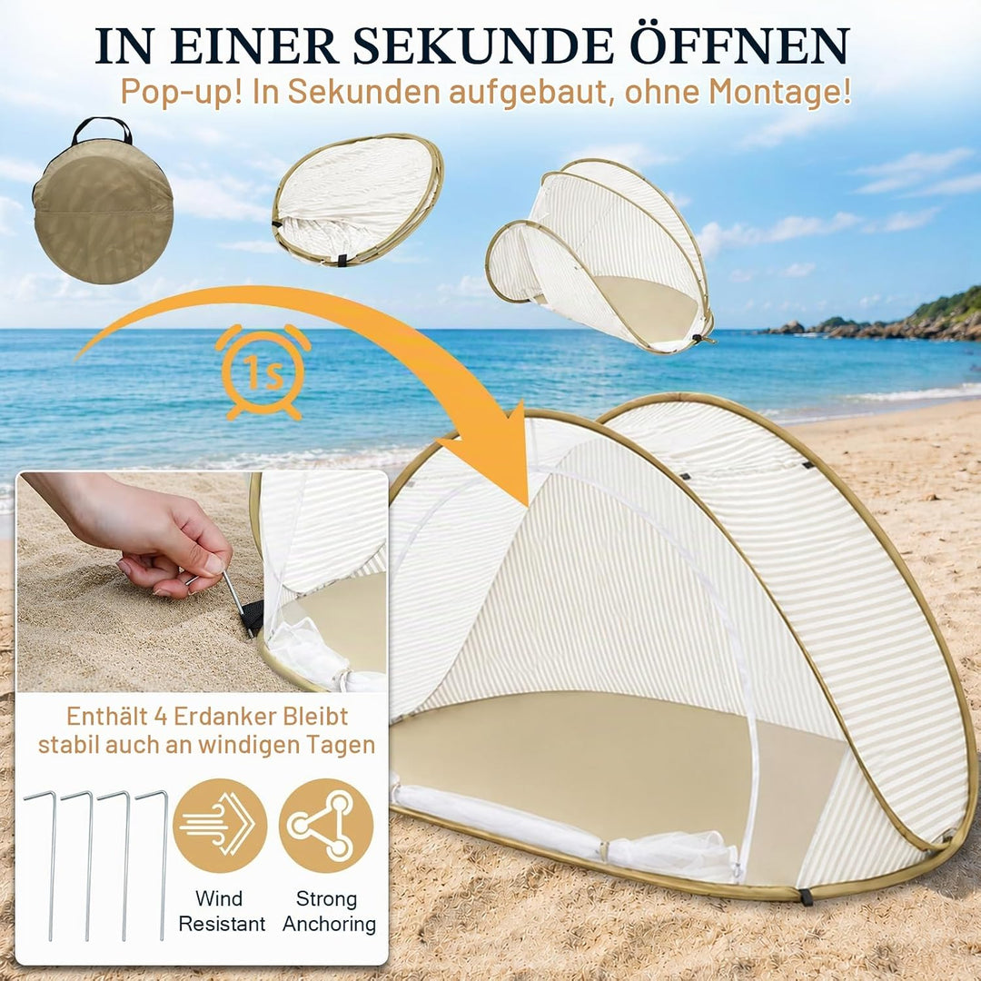 Strandmuschel Pop Up – Grosses, Tragbares Strandzelt für 3-4 Personen, Automatischer Aufbau, Sonnens