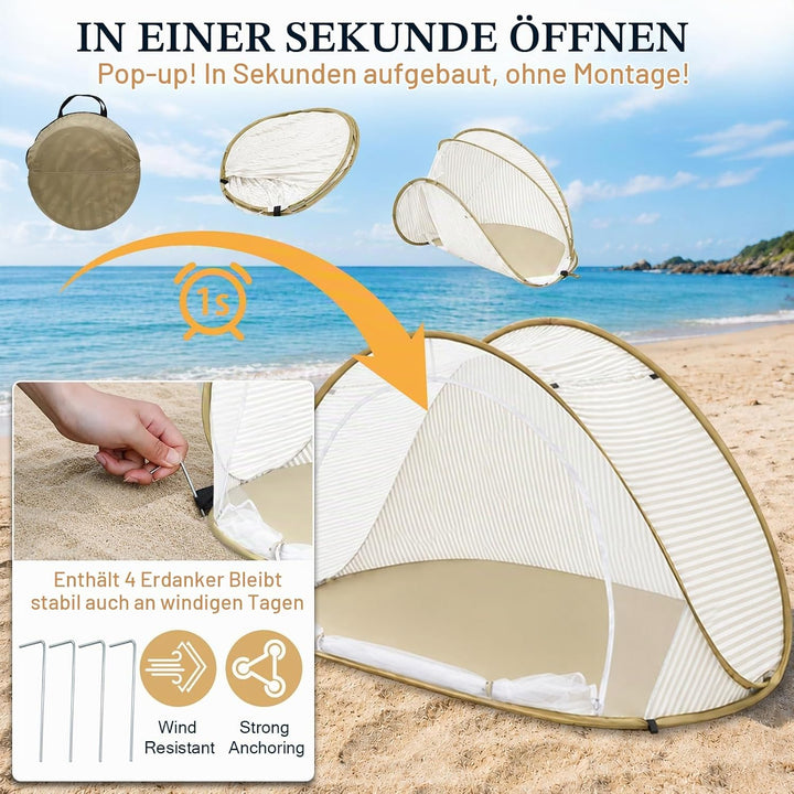 Strandmuschel Pop Up – Grosses, Tragbares Strandzelt für 3-4 Personen, Automatischer Aufbau, Sonnens