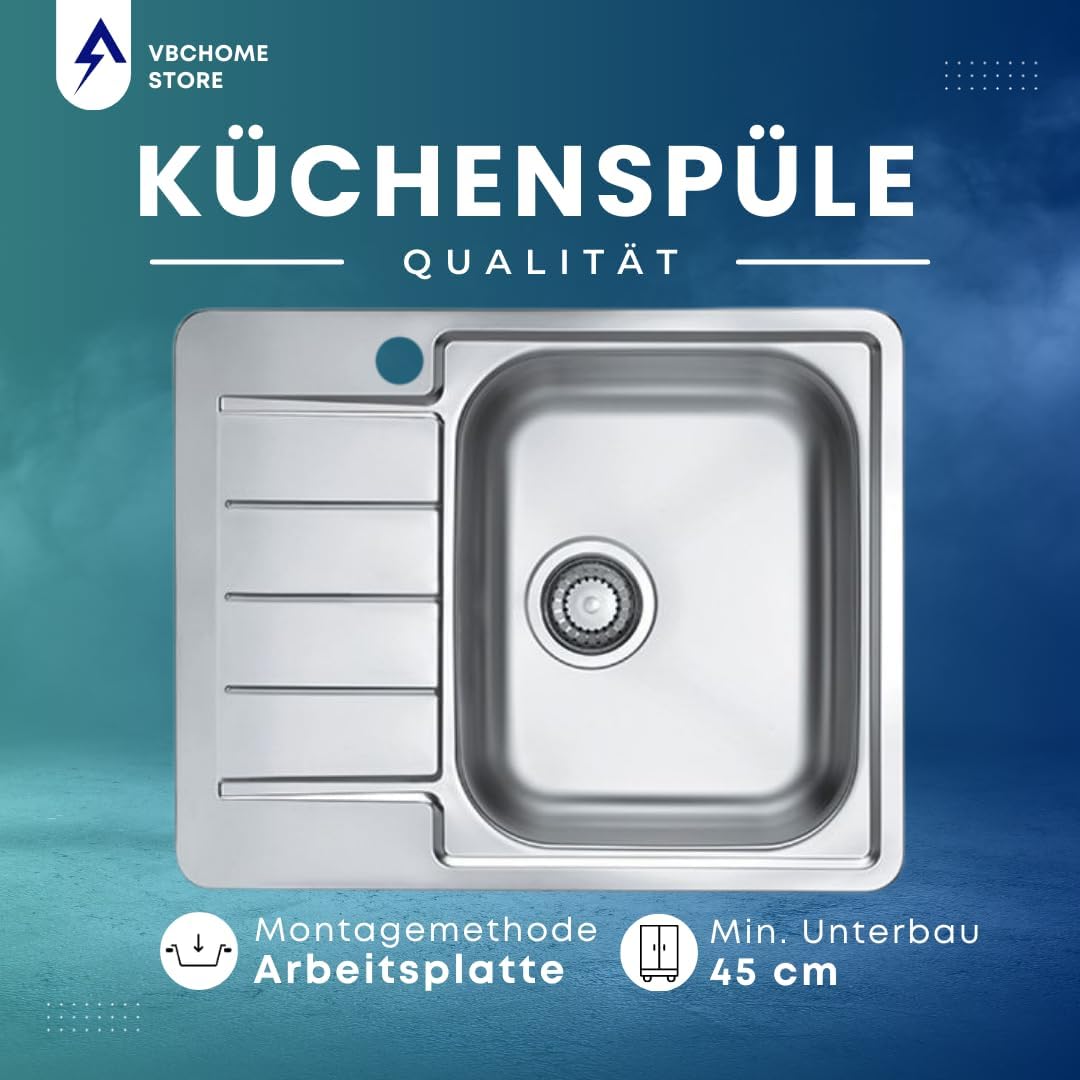 VBChome Edelstahlspüle 62x50 cm Satinstruktur Einbauspüle Spülbecken mit Hahnloch Abtropffläche Link