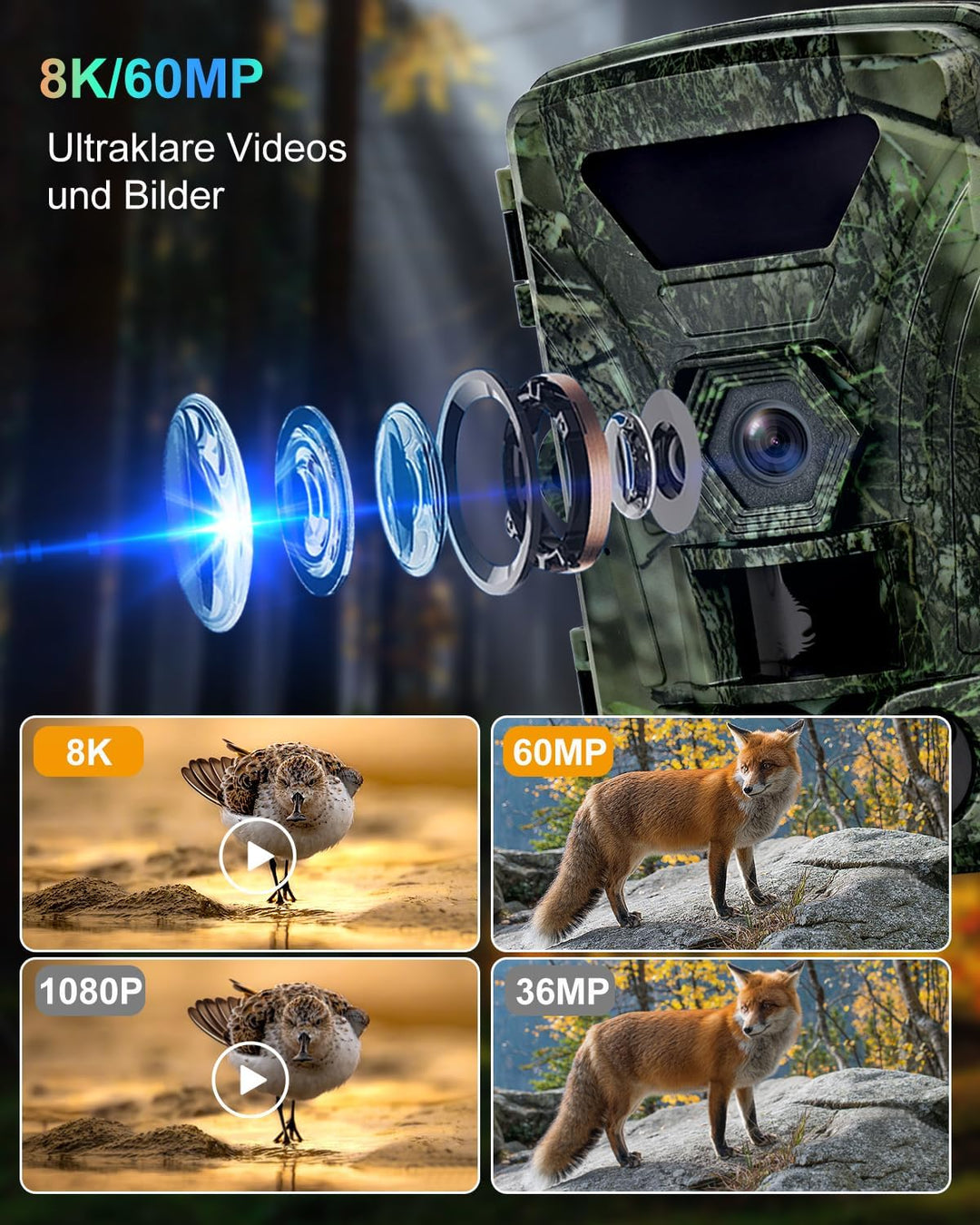 Wildkamera, 8K Wildtierkamera WLAN mit 32G Speicherkarte 60MP Wildcamera mit Handyübertragung APP, B