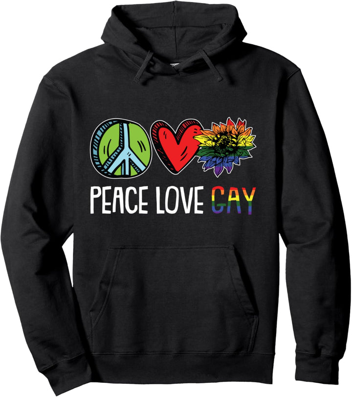 Peace Love Gay Pride Rainbow Flag Sunflower LGBT-Q Ally Pullover Hoodie