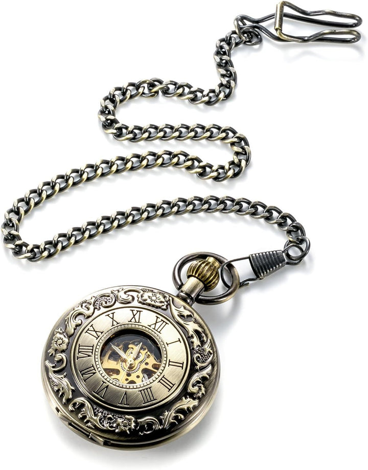 TREEWETO Unisex Taschenuhr mit Kette Analog Handaufzug Antik Skelett Römische Ziffern Bronze