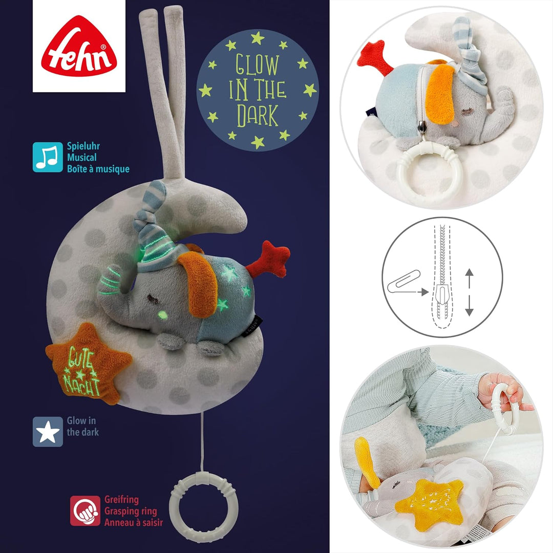 Fehn Spieluhr Baby Elefant im Mond - "Glow-in-the-dark" Bestickung mit der Melodie "Der Mond ist auf