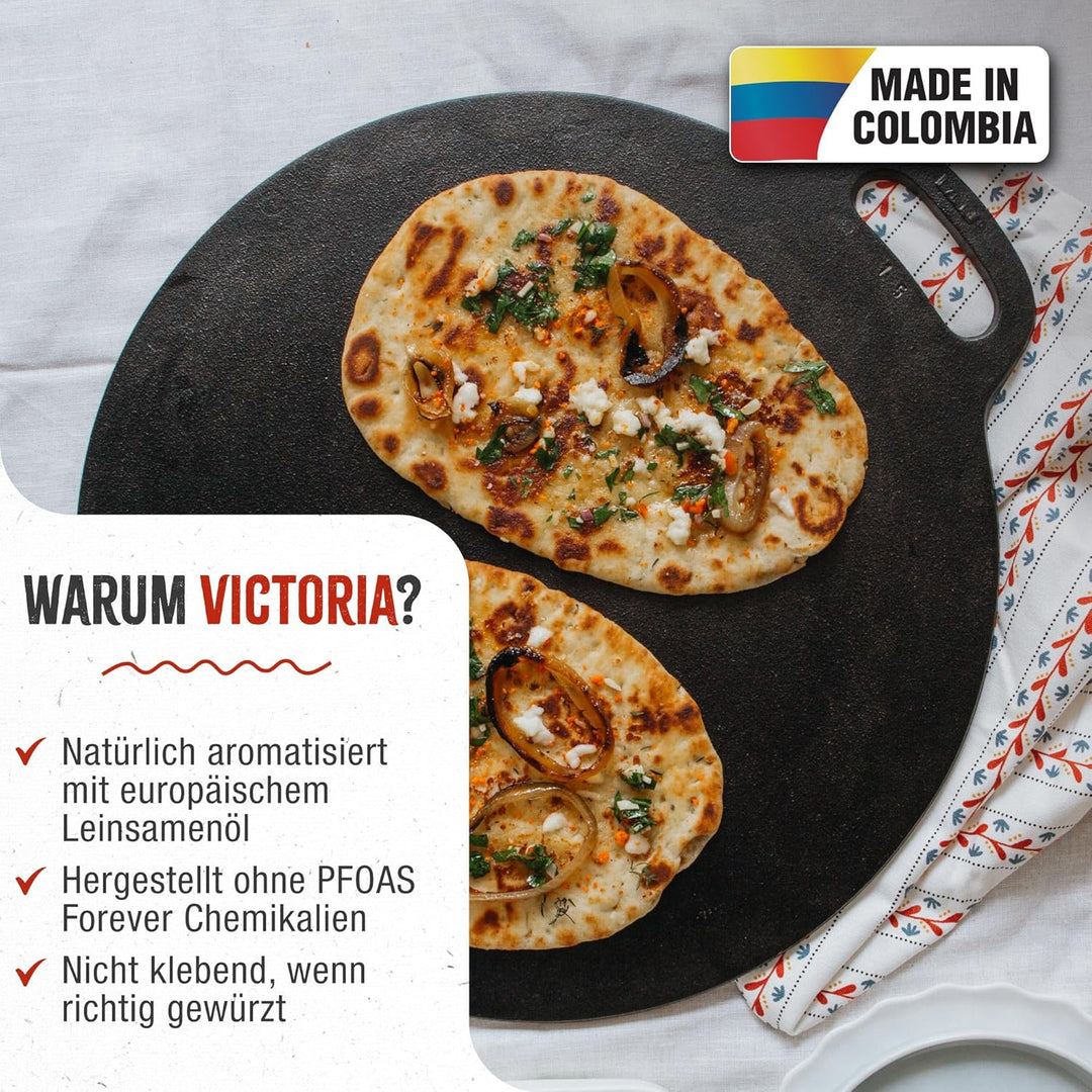Victoria Grillplatte Gusseisen, Induktion Budare Dosa Pfanne 38cm für Pizza, Crepes, Feuer, Ofen, Gl