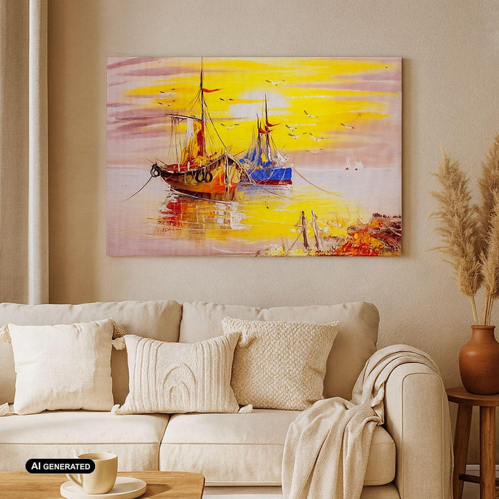 ARTTOR Bilder auf Leinwand Boote Sonne Meer Reisen Leinwandbild 70x50cm Wandbilder Dekoration Wohnzi