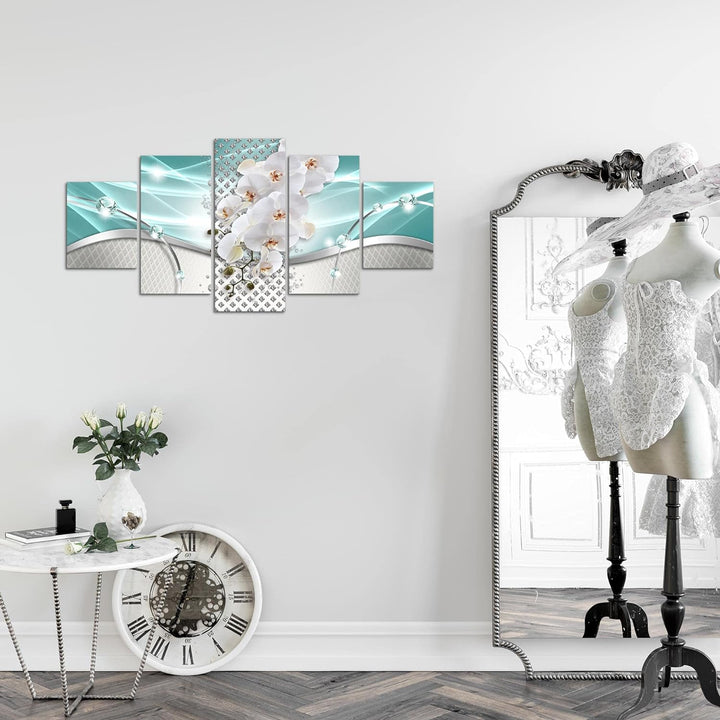 Runa Art Wandbilder Blumen Orchidee 5 Teilig Bild auf Vlies Leinwand Deko Wohnzimmer Abstrakt Türkis