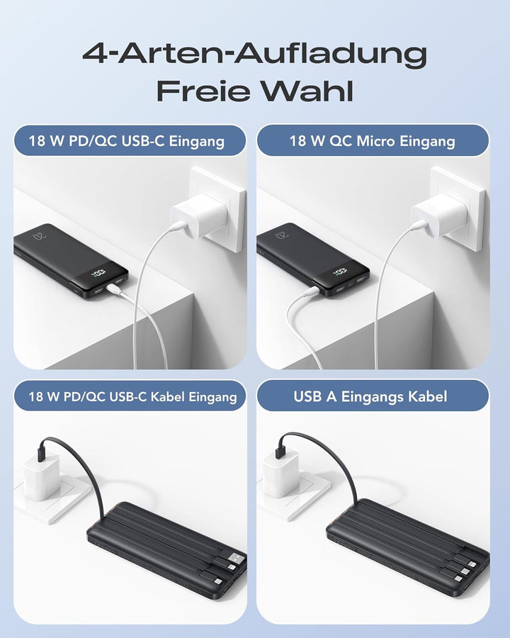 Orfeika 20000mAh Powerbank mit 4 Integrierten Kabeln, 20W PD-Schnellladung Power Bank, Externer Akku