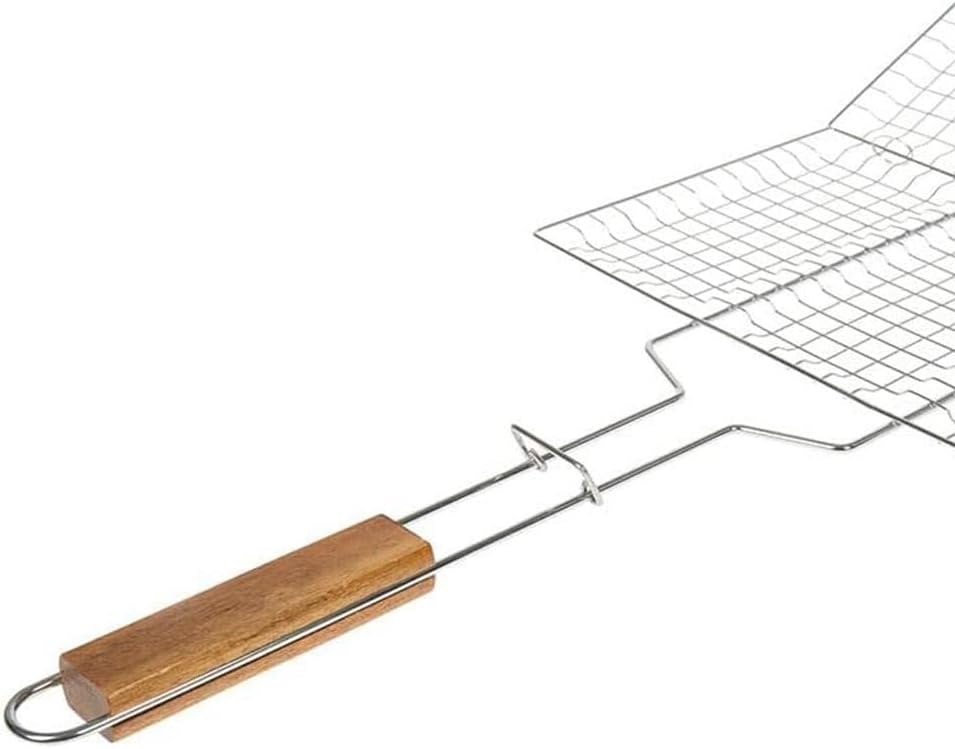 Doppelter Grillrost, rechteckig, 34 x 22 cm, aus verchromtem Stahl, mit Holzgriff – perfekt für meis