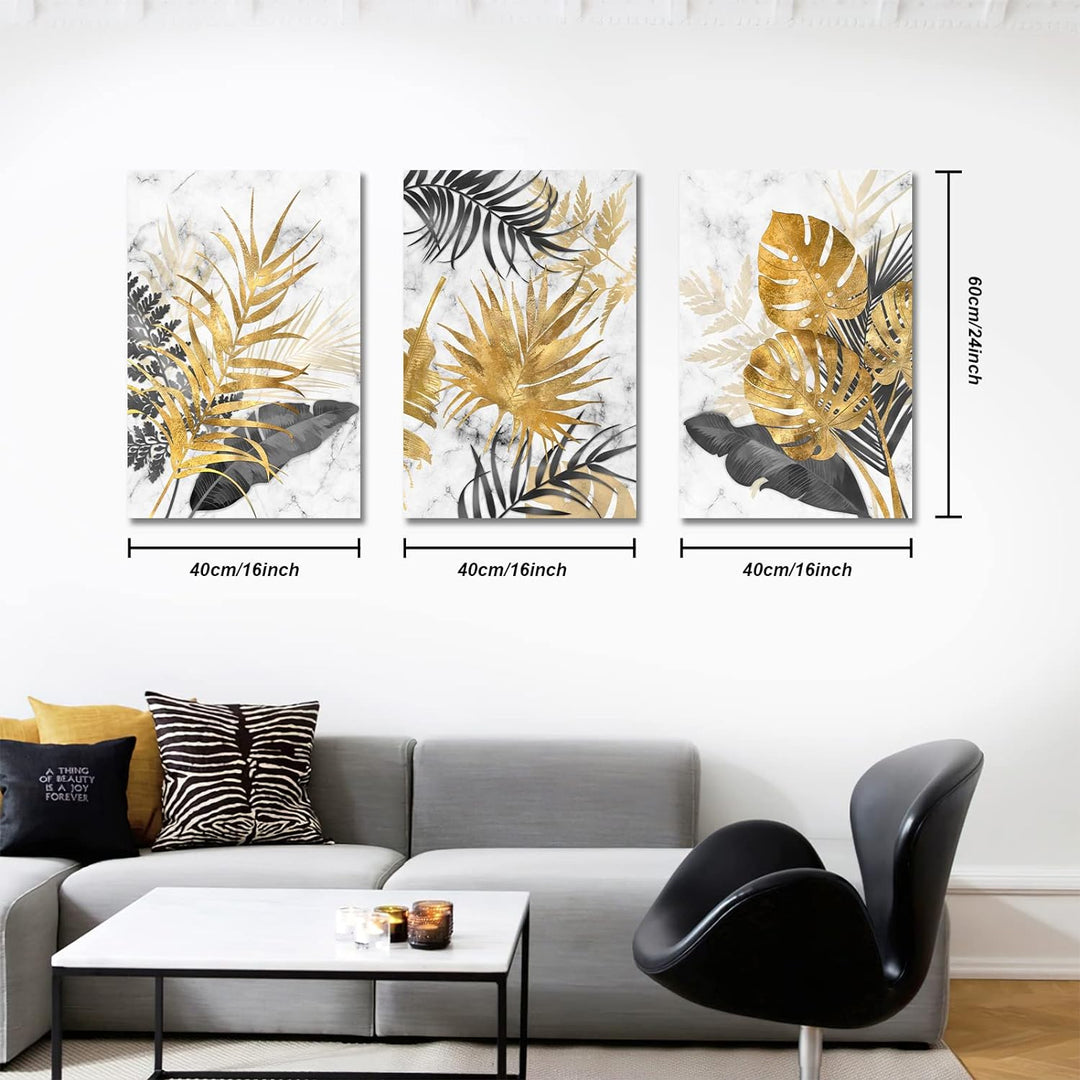 3 Teilig Leinwandbilder Bilder mit Rahmen Abstrakt Grau Gold Blätter bild auf leinwand Wandkunst Mod