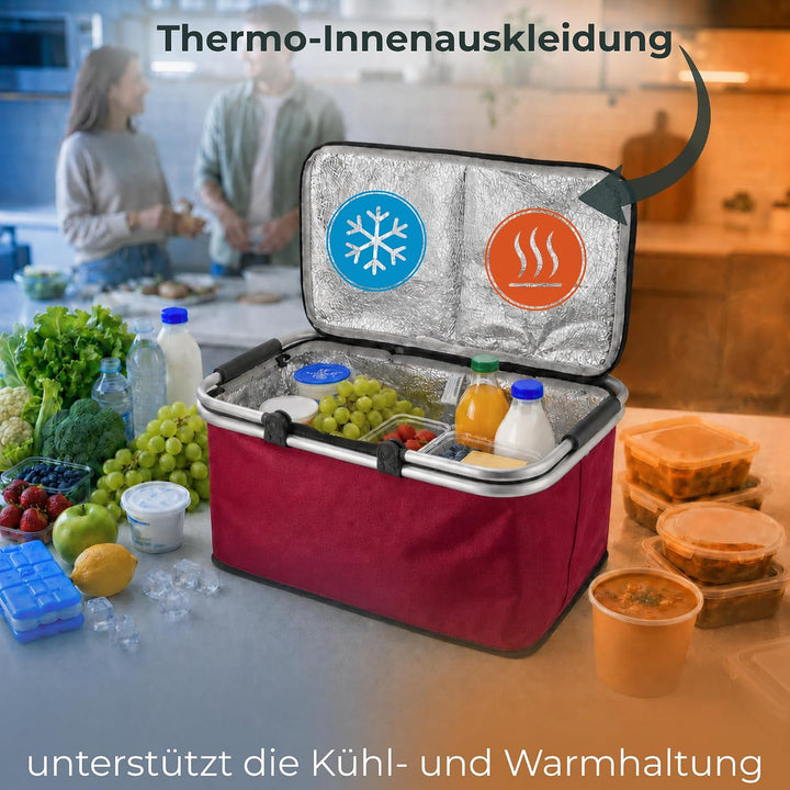 Novaliv Einkaufskorb faltbar Thermokorb mit Kühlfunktion 30 Liter WEINROT Isolierkorb mit gepolstert