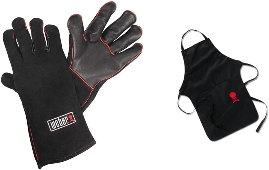 Weber 17896 Leder-Grillhandschuh, schwarz & 6474 Grillschürze, schwarz mit rotem Kettle Grill