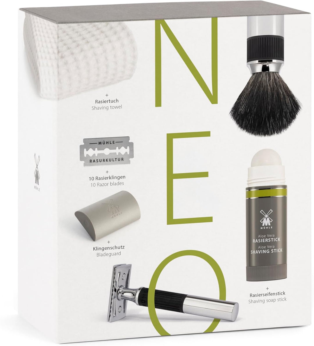 MÜHLE NEO Geschenkset - 15 tlg. unisex Rasier mit Rasierpinsel, Tuch, Klingenschutz, Seifenstick, 10