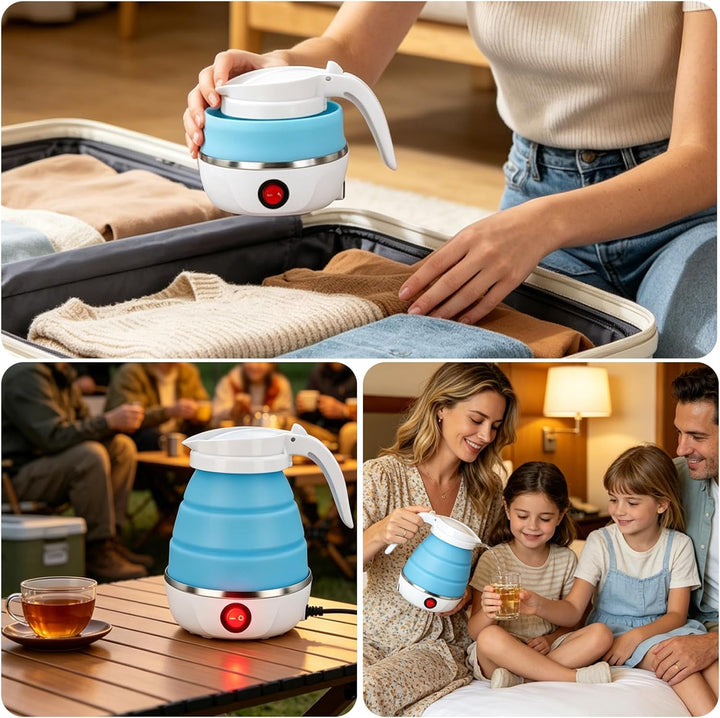 Faltbarer Wasserkocher 600ml Reisewasserkocher, Reise Silikon Tragbarer Wasserkessel mit 1 Klappbürs
