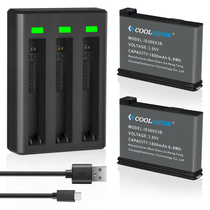 COOLSHOW Action Kamera Akku 1800mAh 2 Stück und Dreifach Ladegerät Set für Insta360 X3 und X3 Ladege
