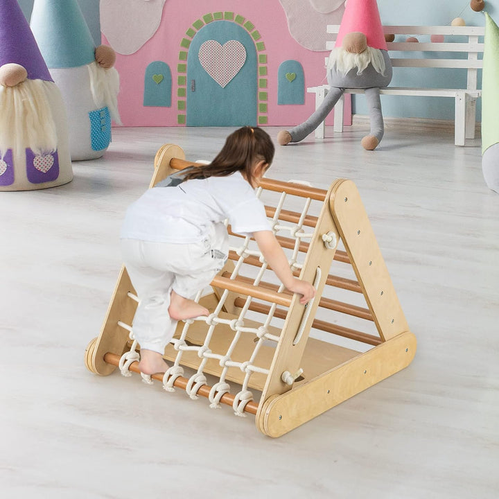 COSTWAY 4 in 1 Kletterdreieck mit Rutsche, Klettergerüst aus Holz, Sprossendreieck zum Rutschen und