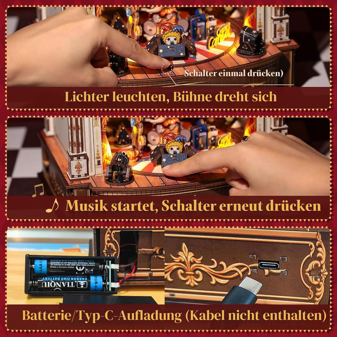 CUTEBEE 3D Holzpuzzle für Erwachsene - Rotierende Spieluhr Miniatur Haus Tier-Karneval 3D Puzzle Mod