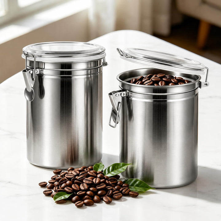 2 Stück luftdichte Kaffeebehälter mit Deckel, 2L Edelstahl-Aufbewahrungsbehälter für Kaffeebohnen, V