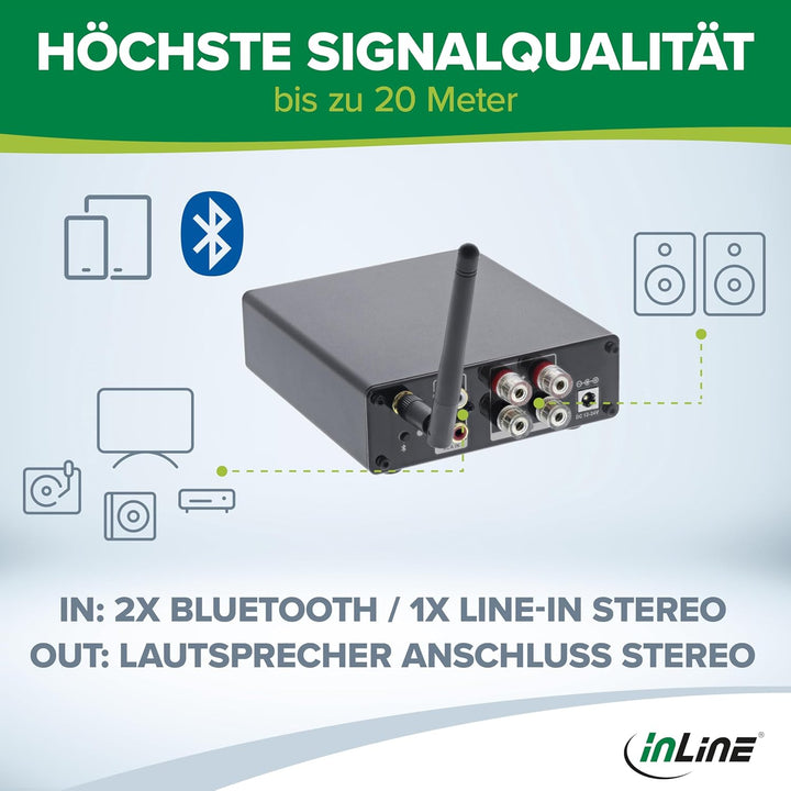 InLine Bluetooth 5.3 Audio Receiver, 96W HiFi-Verstärker, Empfänger, Cinch Stereo, für 2X Passive St