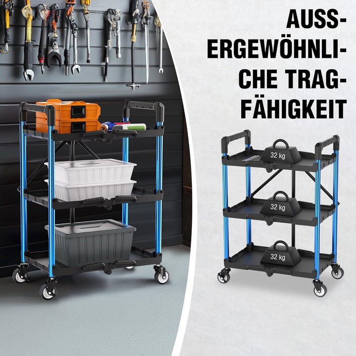 WORKPRO Servierwagen, Klappbarer Wagen 3 Etagen, Rollwagen Klappbar, Zusammenklappbarer Servicewagen