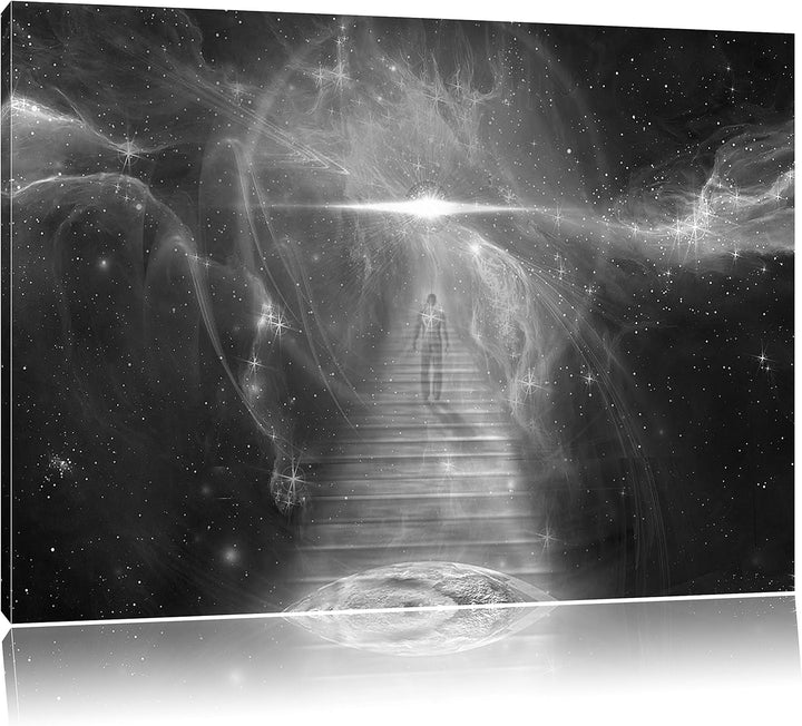 Pixxprint Treppe in die Galaxis / 100x70cm Leinwandbild bespannt auf Holzrahmen/Wandbild Kunstdruck