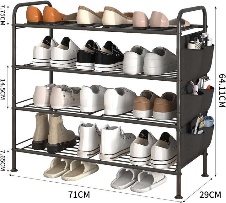 Schuhregal 4 Ebenen Schuhaufbewahrung Organizer Metall mit Seitentaschen für Flur, Schlafzimmer (Sch