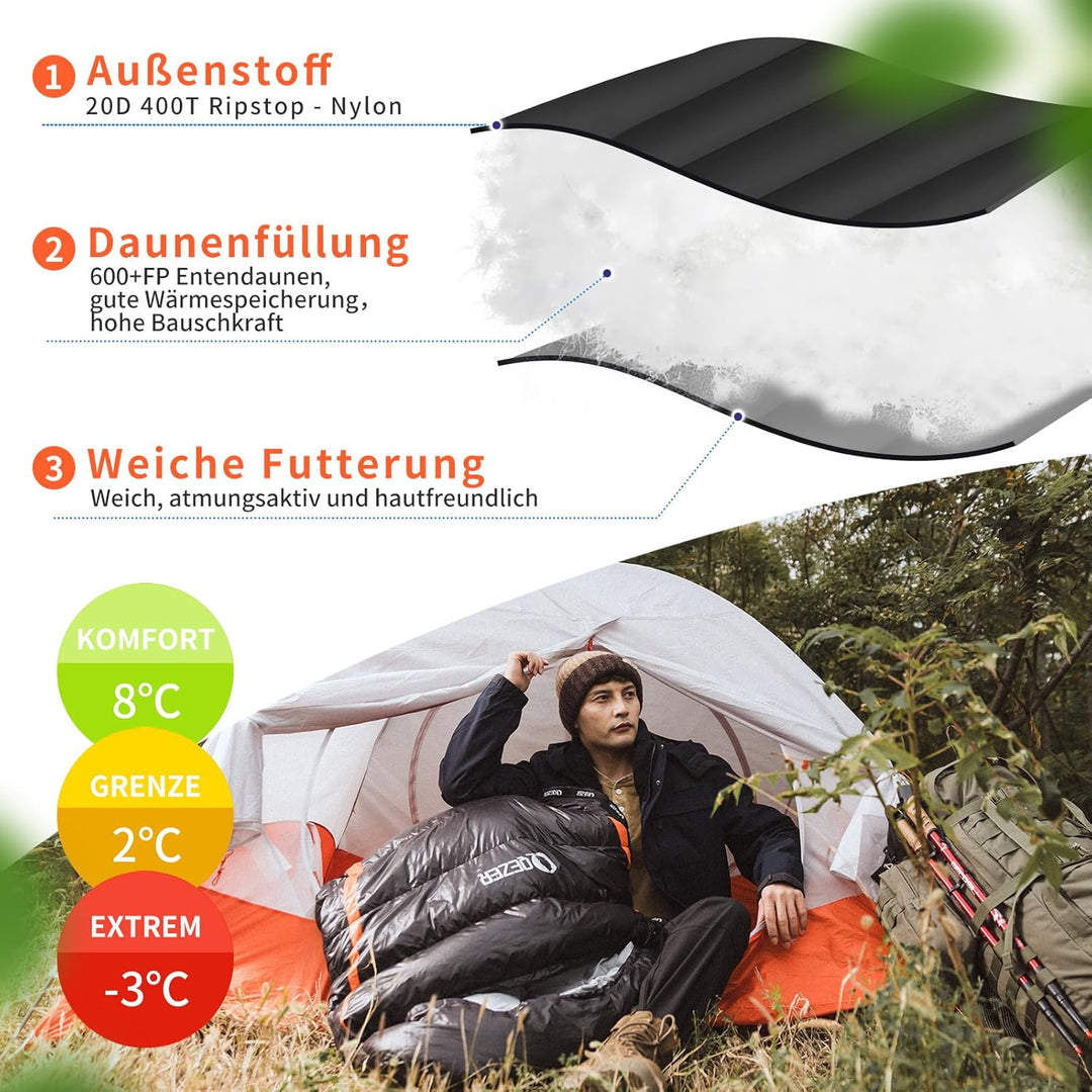 Daunenschlafsack,schlafsack kleines packmass , 600FP+ Premium-Daunen, 12°C bis -24°C, leicht und war