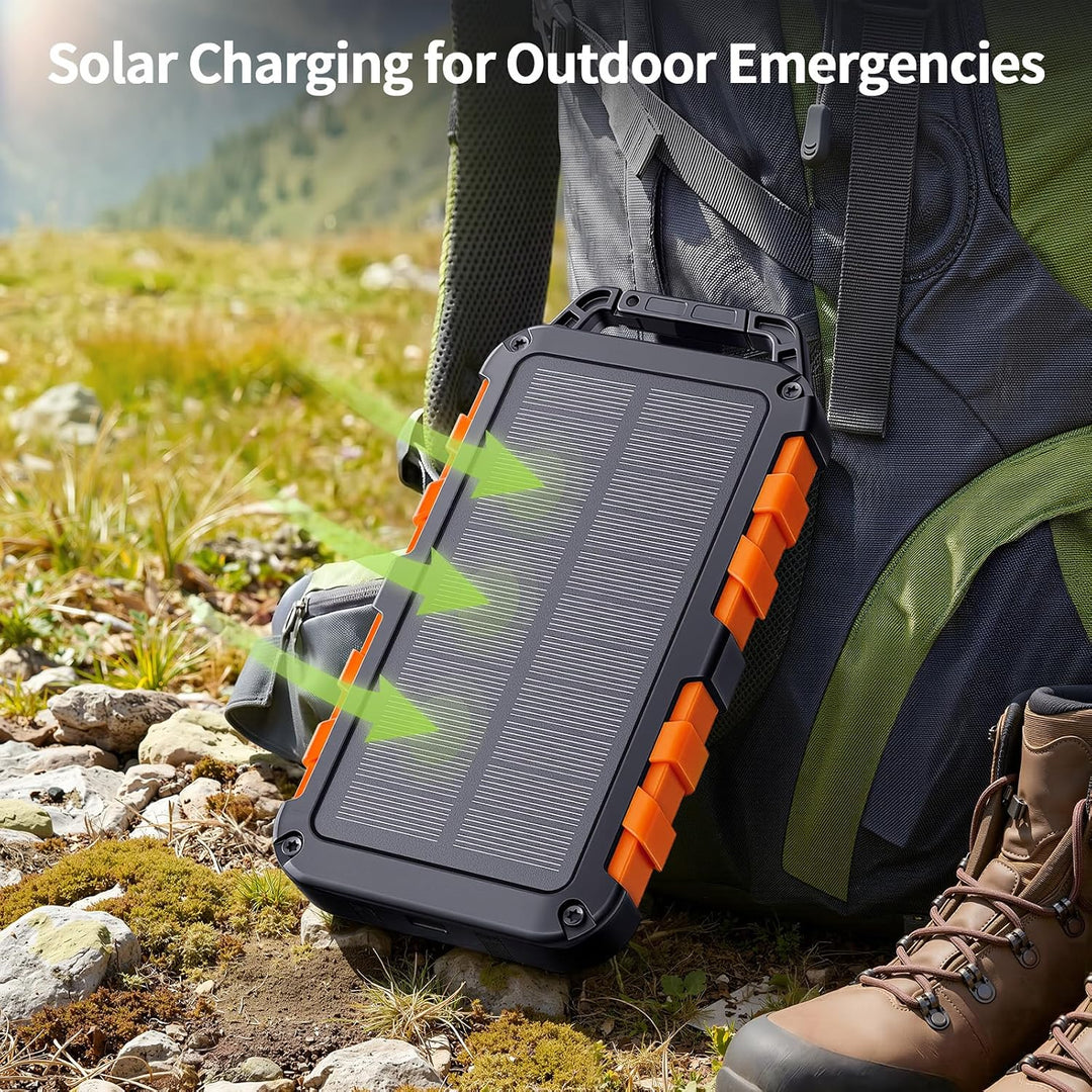 Solar Powerbank 10000mAh mit 2 integrierten Kabeln, Tragbares Solar-Ladegerät mit USB C PD 15W Schne