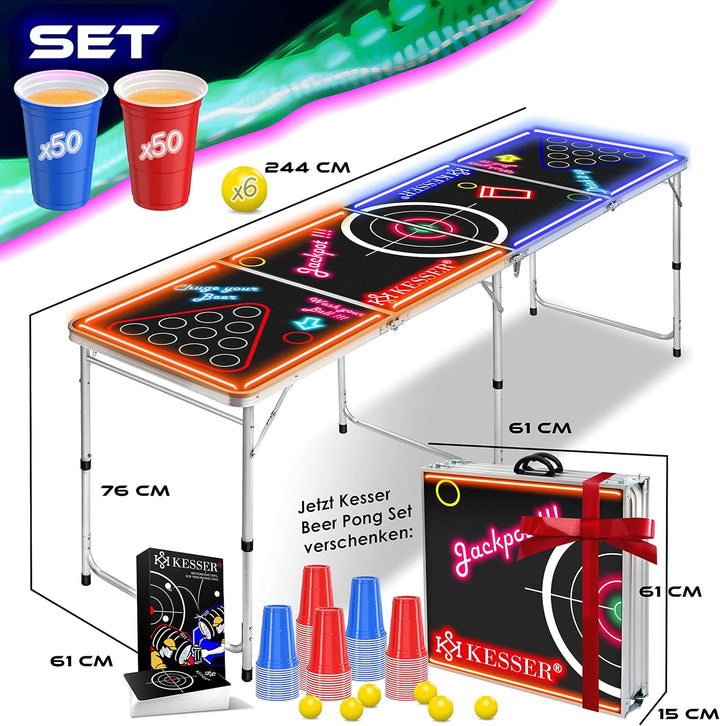 KESSER® Bier Pong Tisch Set mit Kartenspiel Trinkspiel LED-Action inkl. 100 Becher (50 Rot & 50 Blau