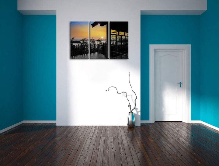 Aussicht auf Sonnenuntergang über See schwarz/weiss 3-Teiler Leinwandbild 120x80 Bild auf Leinwand,