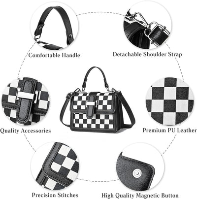 FANDARE Mode Damen Handtasche Schultertasche PU-Leder Tragetasche Schachbrett Umhängetasche Wasserdi