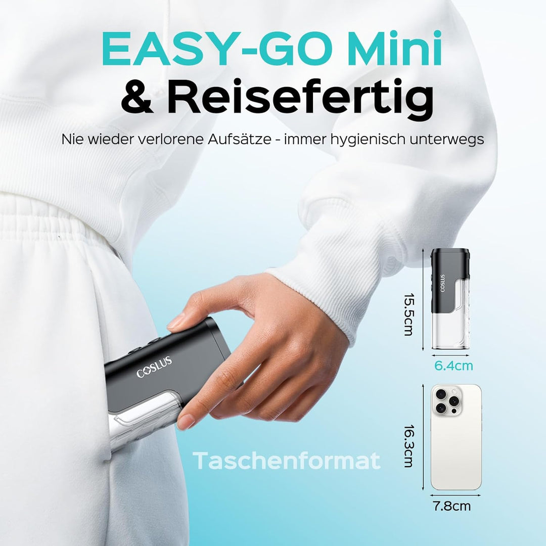 COSLUS Mini Elektrische Munddusche für Unterwegs: 4 Modi Kompaktes Design Abnehmbarer Wassertank für
