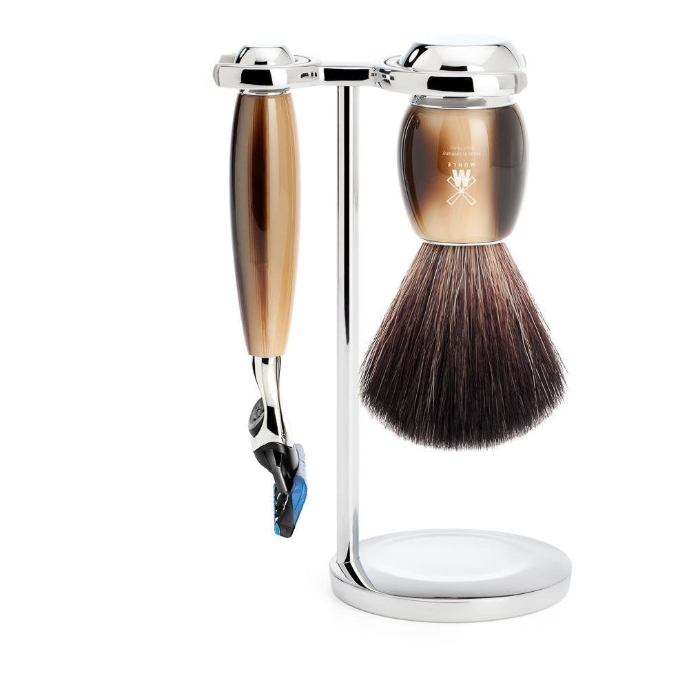 MÜHLE Rasierset - Vivo Serie - Black Fibre - kompatibel mit Gillette-Klingen - Edelharz hornbraun