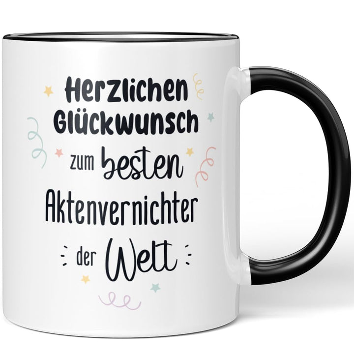 JUNIWORDS Tasse, Herzlichen Glückwunsch zum besten Aktenvernichter der Welt, Schwarz (7623843), Schw