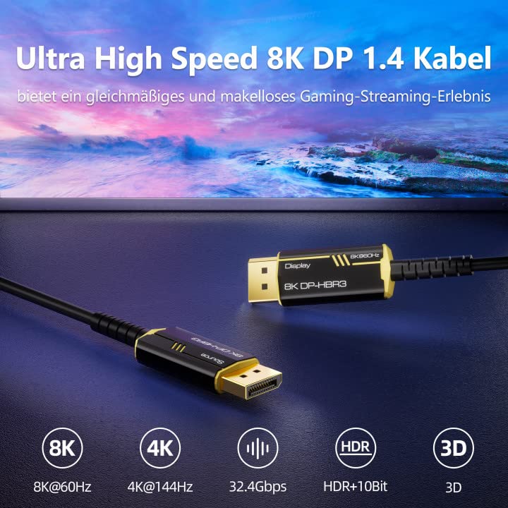 DGHUMEN 8K DisplayPort Kabel 1.4 Glasfaserkabel 15m,Lang DP zu DP Kabel Unterstützt 8K@60Hz 4K@144Hz