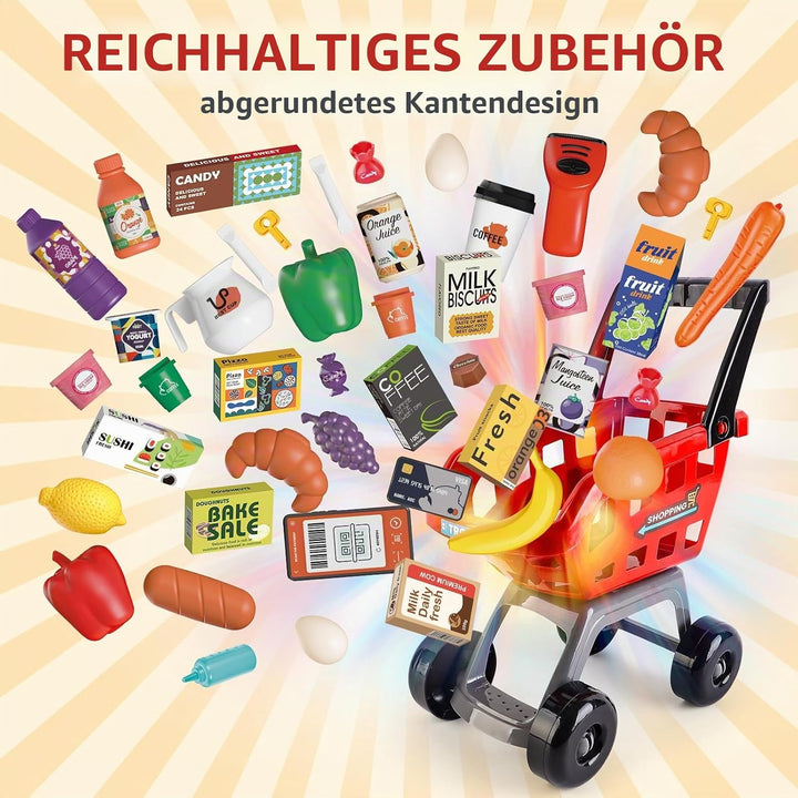 deAO Supermarkt mit Einkaufswagen, Kasse, 65PCS Kaufladen Zubehör, Kaufladen Kasse mit Scanner und S