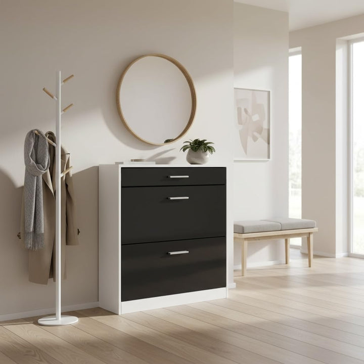 Schuhschrank Roma Schmal mit 2 Klappen und 1 Schublade, Platzsparender Schuhkipper Flurschrank für D