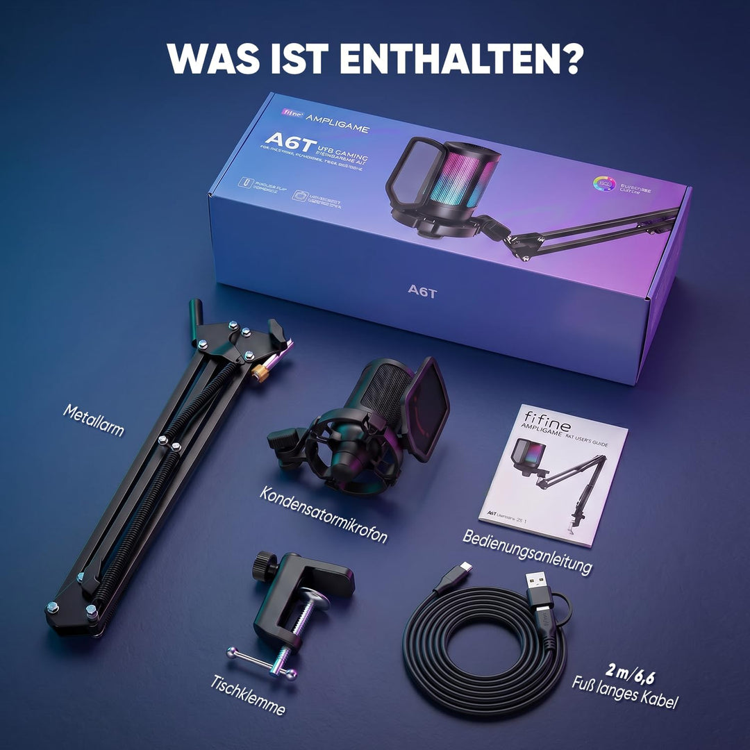 FIFINE Gaming Mikrofon PC mit Arm, Typ A/C USB Microphone Kit mit Stummschalttaste für Podcast Strea