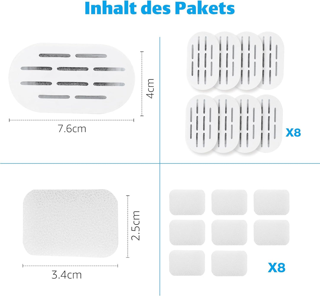 Katzenbrunnen Ersatzfilter 8+8 Set, kompatibel mit Keimi Trinkbrunnen für Haustiere, Leistungsstarke
