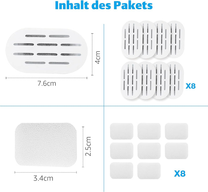 Katzenbrunnen Ersatzfilter 8+8 Set, kompatibel mit Keimi Trinkbrunnen für Haustiere, Leistungsstarke