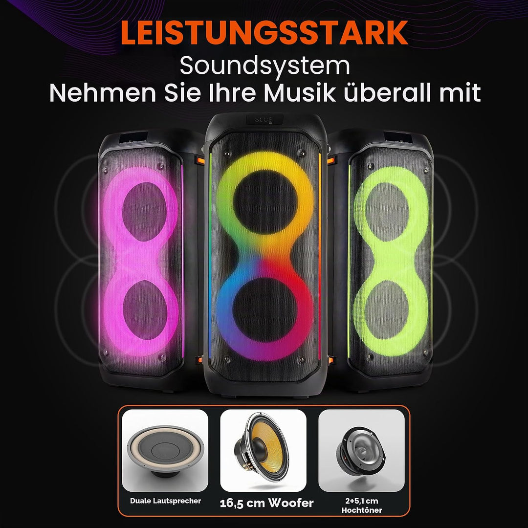 Pyle Bluetooth-Party-Lautsprecher 160W, Karaoke-System mit 2X 6,5", Mikrofon, Akku, USB/SD/FM/TWS, P