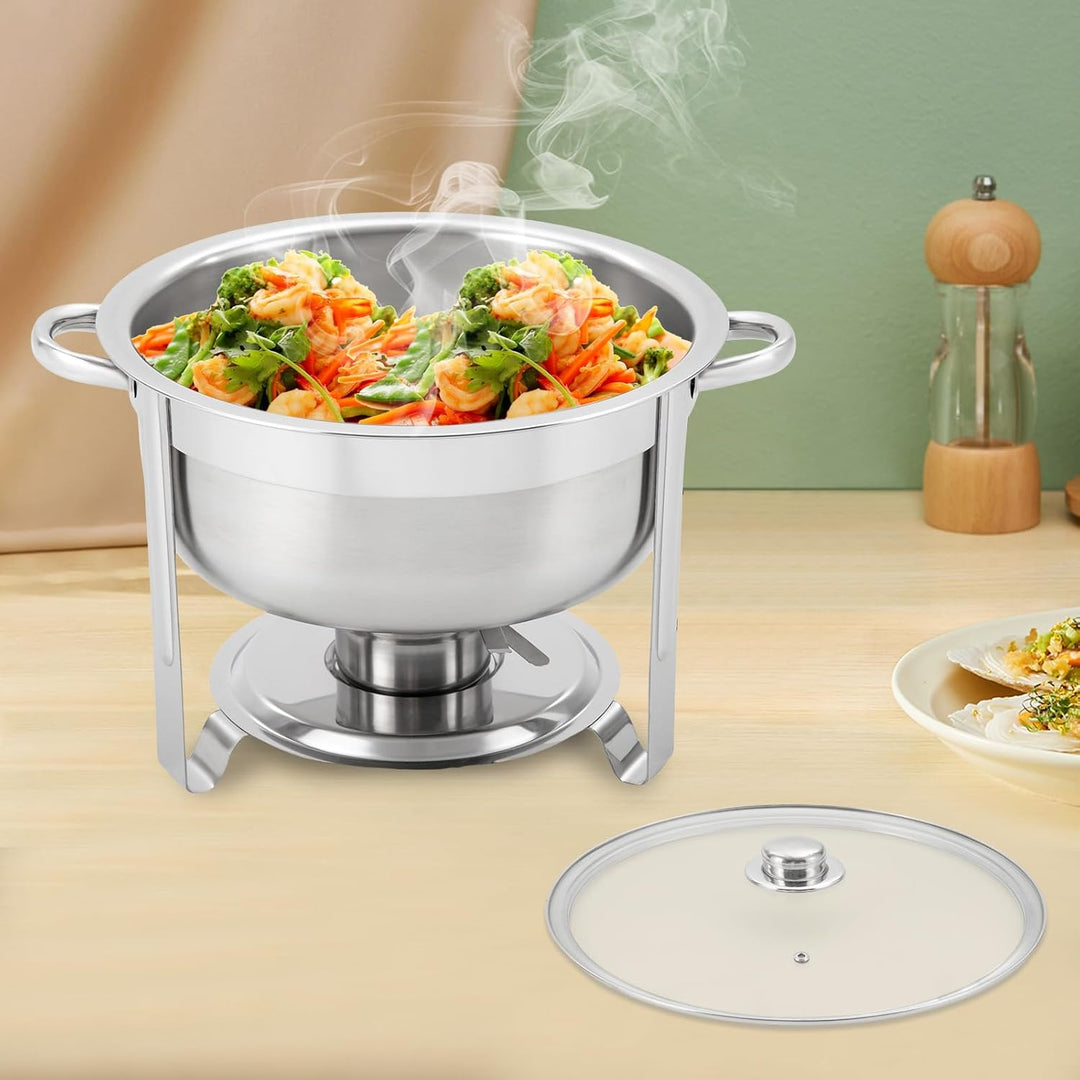 8,5L Runder Speisewärmer, Chafing Dish mit Glasdeckel Brennstoff-Halter Edelstahl Gourmet Wärmebehäl