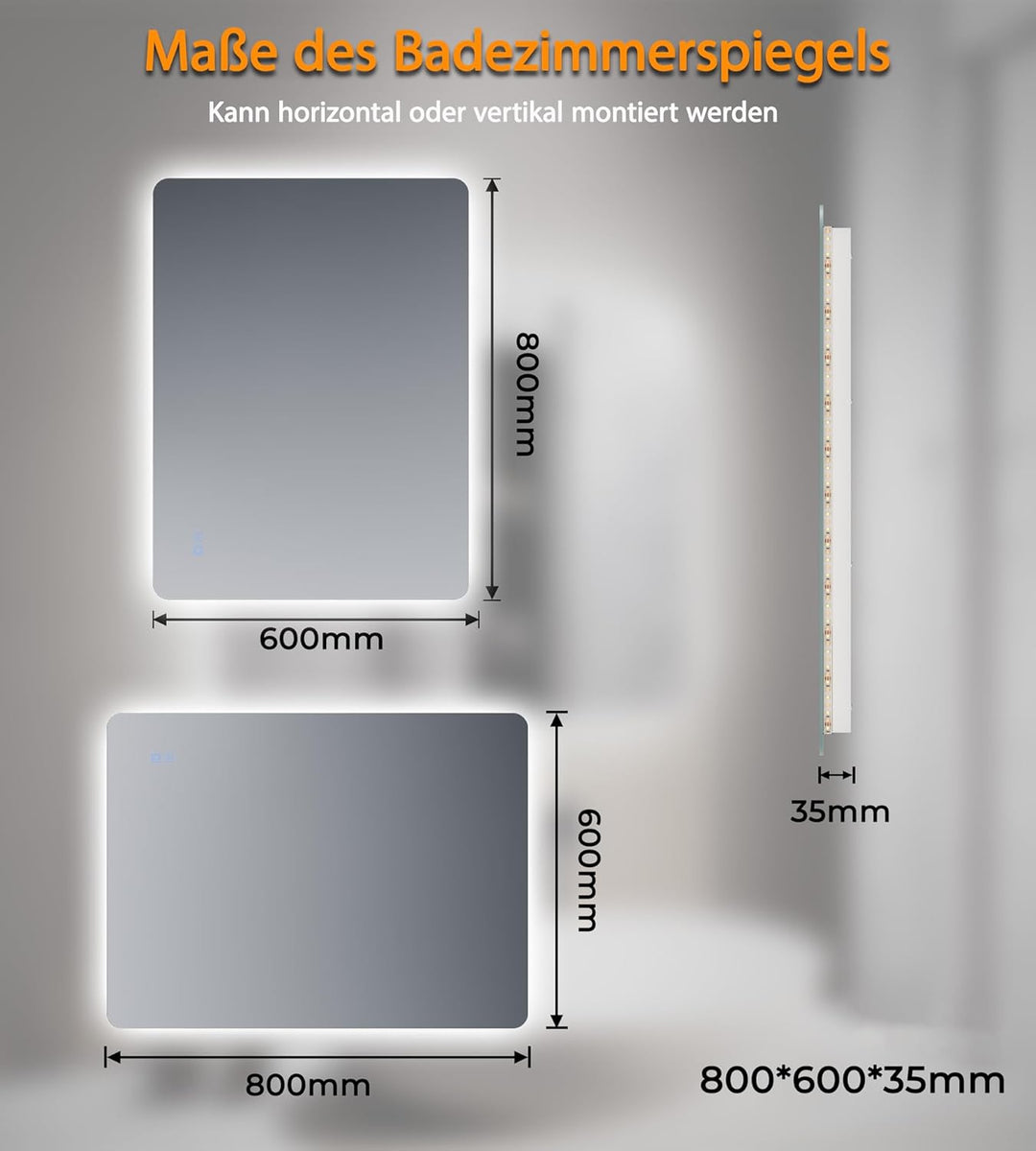 SVNR Badezimmerspiegel Mit 80 x 60cm Hintergrundbeleuchtung, An Der Wand Montierter LED-Kosmetikspie