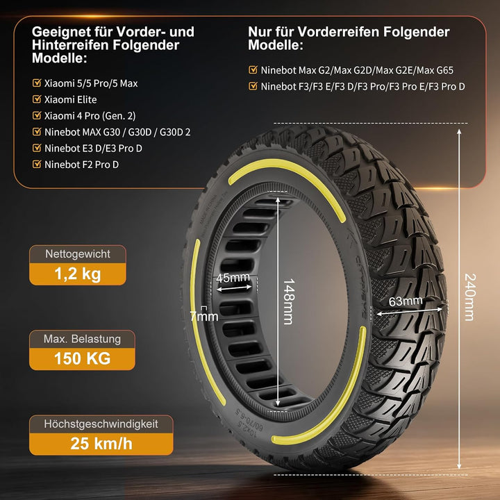 60/70-6,5 Vollgummireifen 10 Zoll Solide Reifen für Xiaomi 5/5 Pro/5 Max,für Ninebot Max G30/Max G30