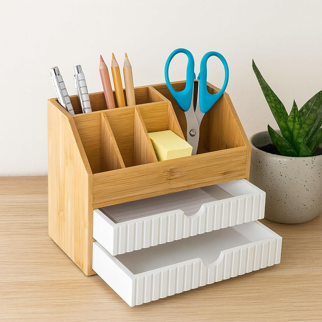 Relaxdays Schreibtisch Organizer, Schubladen & Fächer, HxBxT: 19 x 24 x 14 cm, Bambus & MDF, Büroauf