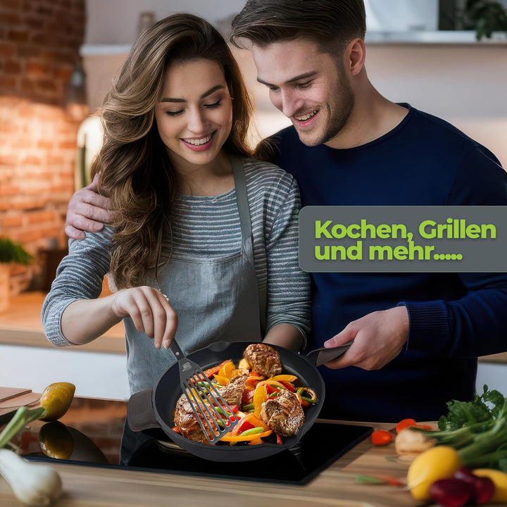 THOR® Gusseisenpfanne Induktion 28cm inkl. Zubehör - geschliffene Oberflächen I Bratpfanne Induktion