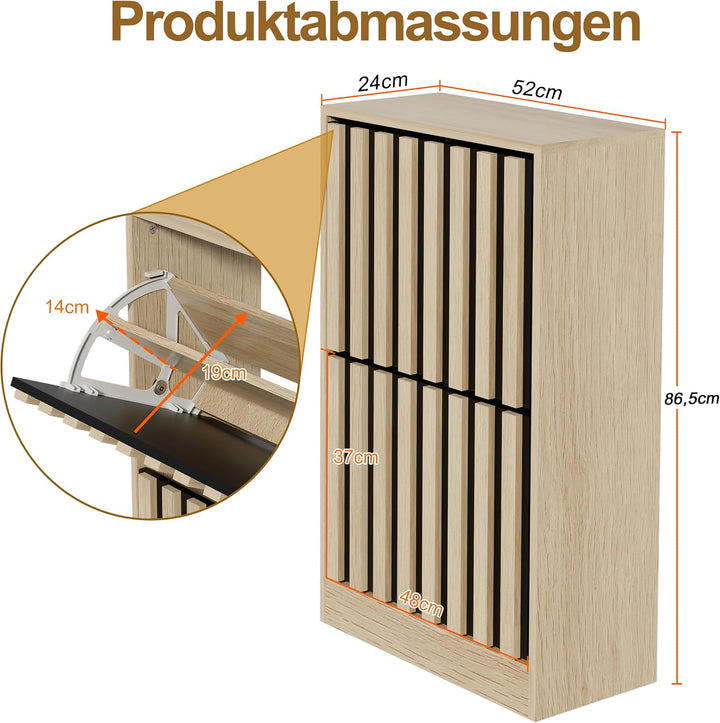 UEV Schuhschrank mit 2 Klappen Holz, Schuhregal Schmal (Natur+Schwarz) | Schuhkipper mit Kippschutz
