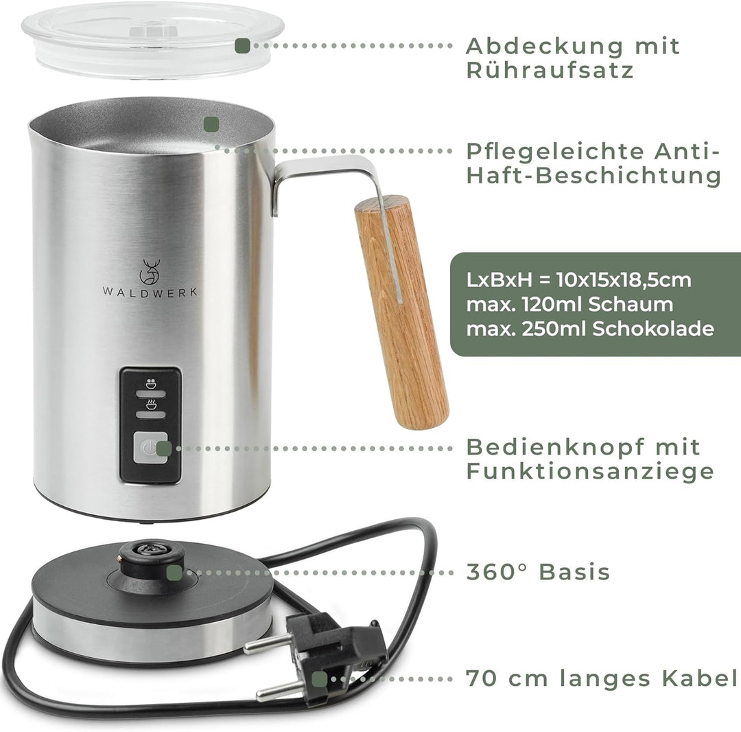 WALDWERK Milchaufschäumer aus 304 Edelstahl und Eichenholz - Milchaufschäumer elektrisch für perfekt
