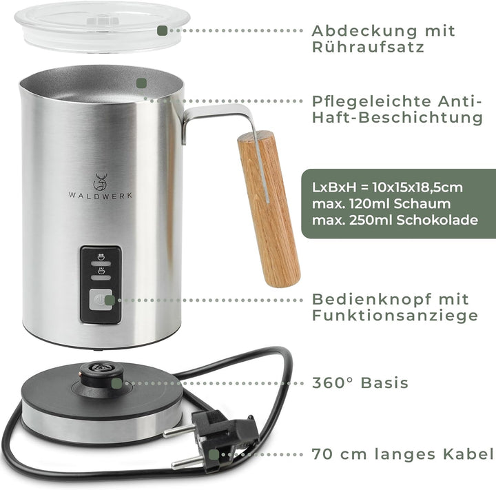WALDWERK Milchaufschäumer aus 304 Edelstahl und Eichenholz - Milchaufschäumer elektrisch für perfekt